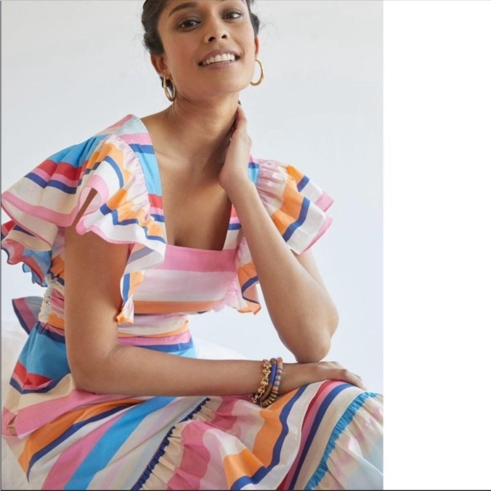 ANTHROPOLOGIE NWT PLENTY by TRACY REESE Rainbow Stripe Flutter Sleeve Maxi Dress - Picture 6 of 11